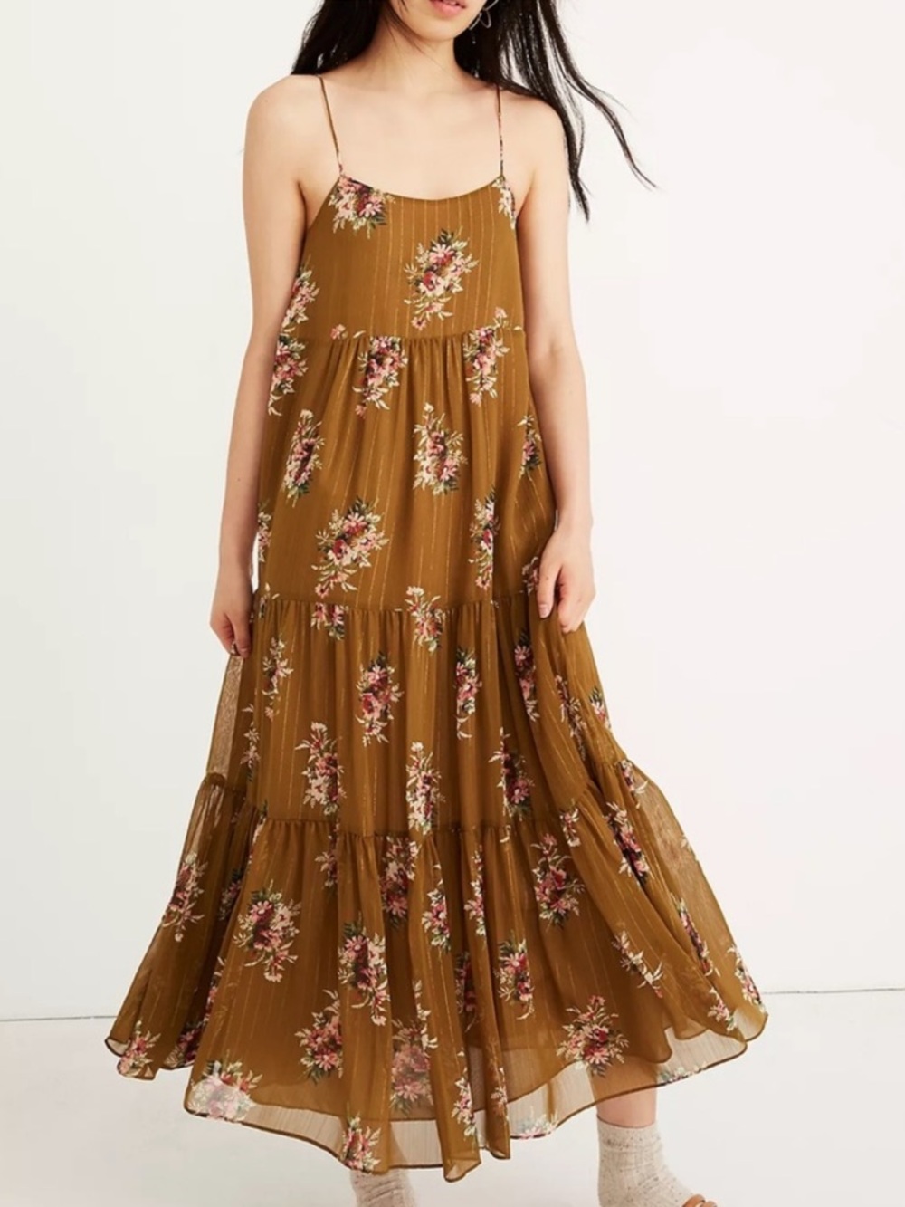 Madewell Cami Tier Midi Dress in Metallic Classic Corsage